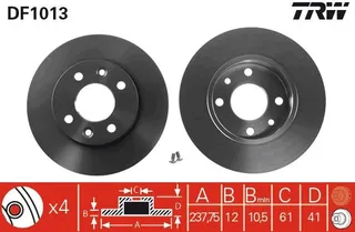 TRW DF1013 Ön Fren Aynasi R9-R11-R19 Clio I 91> Clio Ii 98> Megane I 96> Twingo 96> Clio Symbol 00> Logan 06> S Andero 08> 238x12 4 Delik
