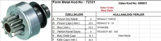 Marş Dişlisi 9 Diş 9 Kanal Valeo Tipi Renault Toros R9 R19 Peugeot 405 505 Tam Freze Ds=9 Dkç=25,8 Boy=55,5 Ks=9 Bdç=12 Gç=48,5